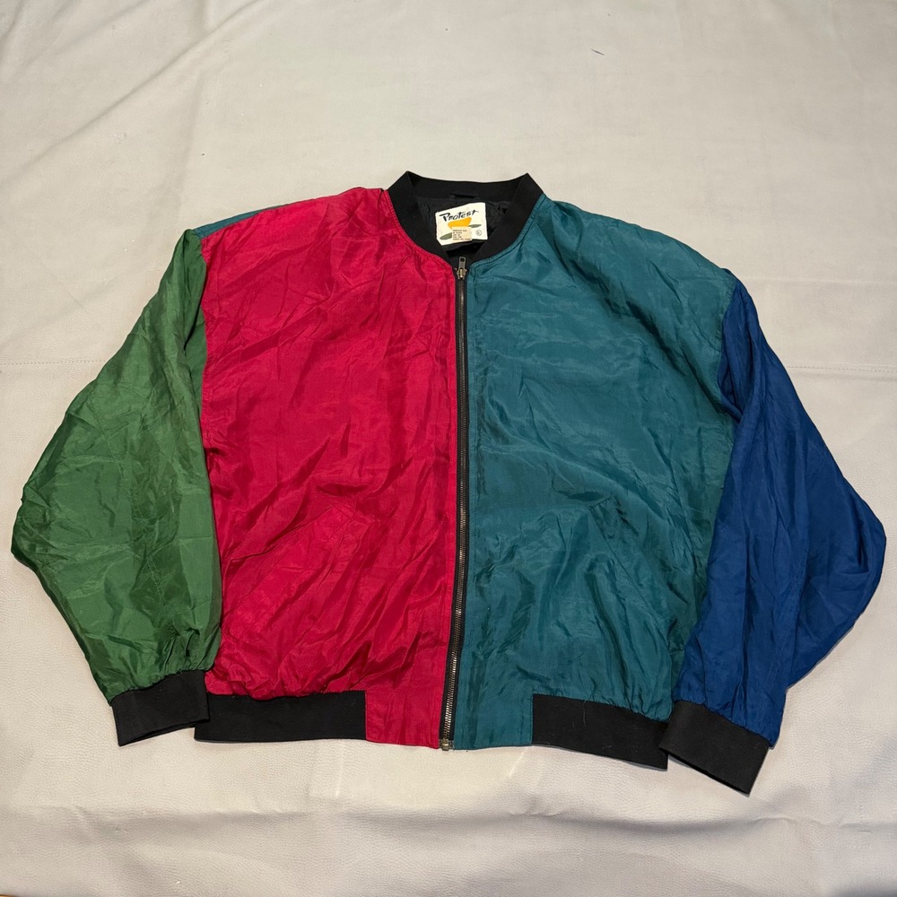 VTG Protest 100% Silk Colorblock Bomber Jacket Shoulder Pad Multicolor L-6858